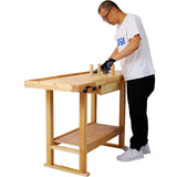 55" Rubberwood Workbench with Drawers and Vices, Heavy Duty Wooden Work Table for Garage, Workshop, Home, Office KUFUH