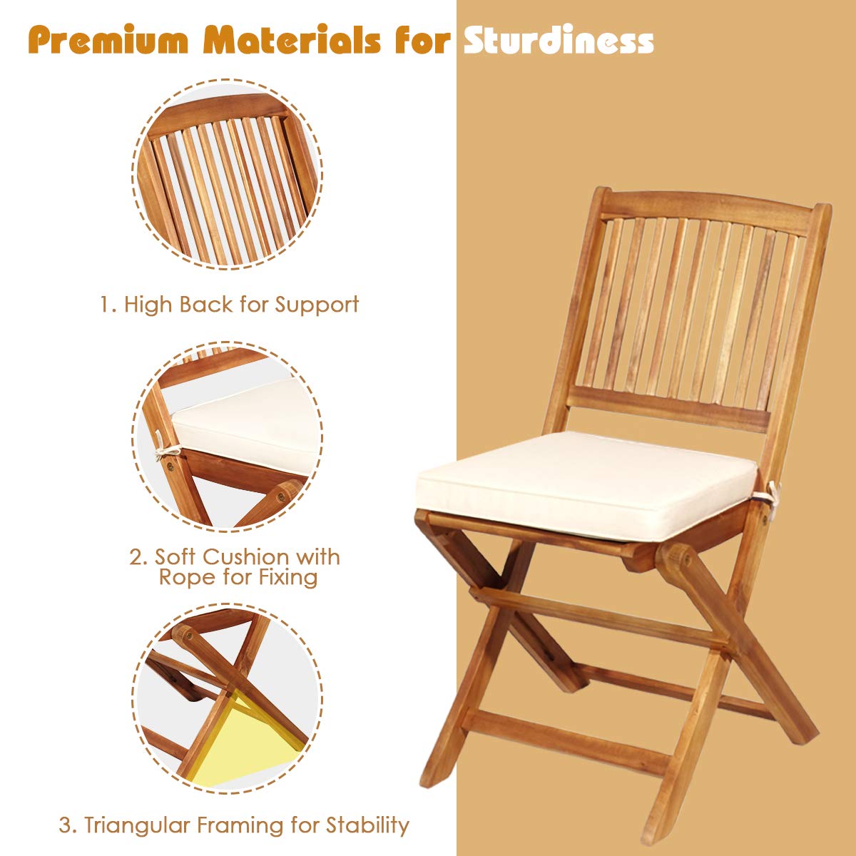 Giantex 3Pcs Patio Bistro Set, Wood Folding Table Set, 2 Cushioned Chairs for Garden Yard, Outdoor Furniture Round Table (Natural & Beige) Giantex