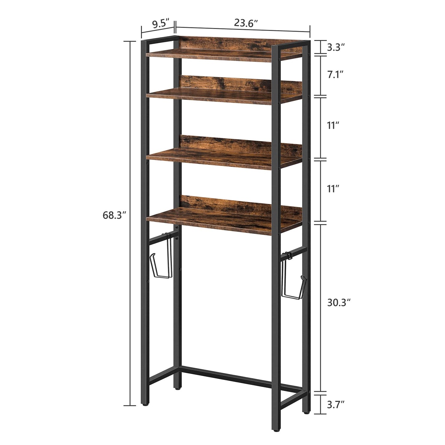 MAHANCRIS Over The Toilet Storage Rack, 4 Tier Bathroom Organizer Over Toilet, Freestanding Space Saver Toilet Stand with 2 Hooks, Bathroom Storage Shelf, Easy to Assemble, Rustic Brown TSHR0401Z