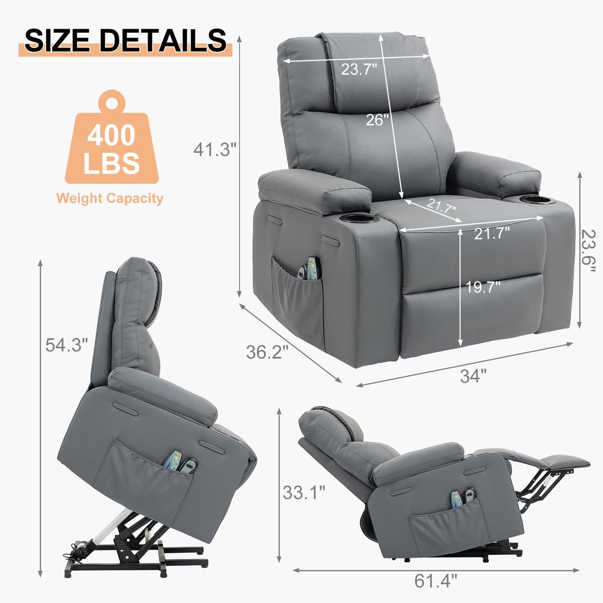Power Lift Recliner Chair for Elderly, Electric Stand Assist Reclining Chair with Massage and Heat Function, Leather Living Room Furniture, Comfy Single Sofa with Cup Holders, Side Pockets, Gray BRTHORY