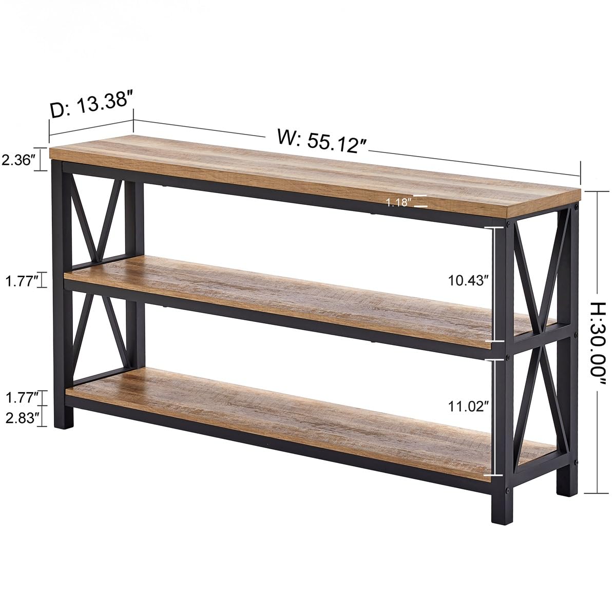 FATORRI Rustic Oak Industrial Console Table with 3-Tier Shelves for Entryway and Living Room