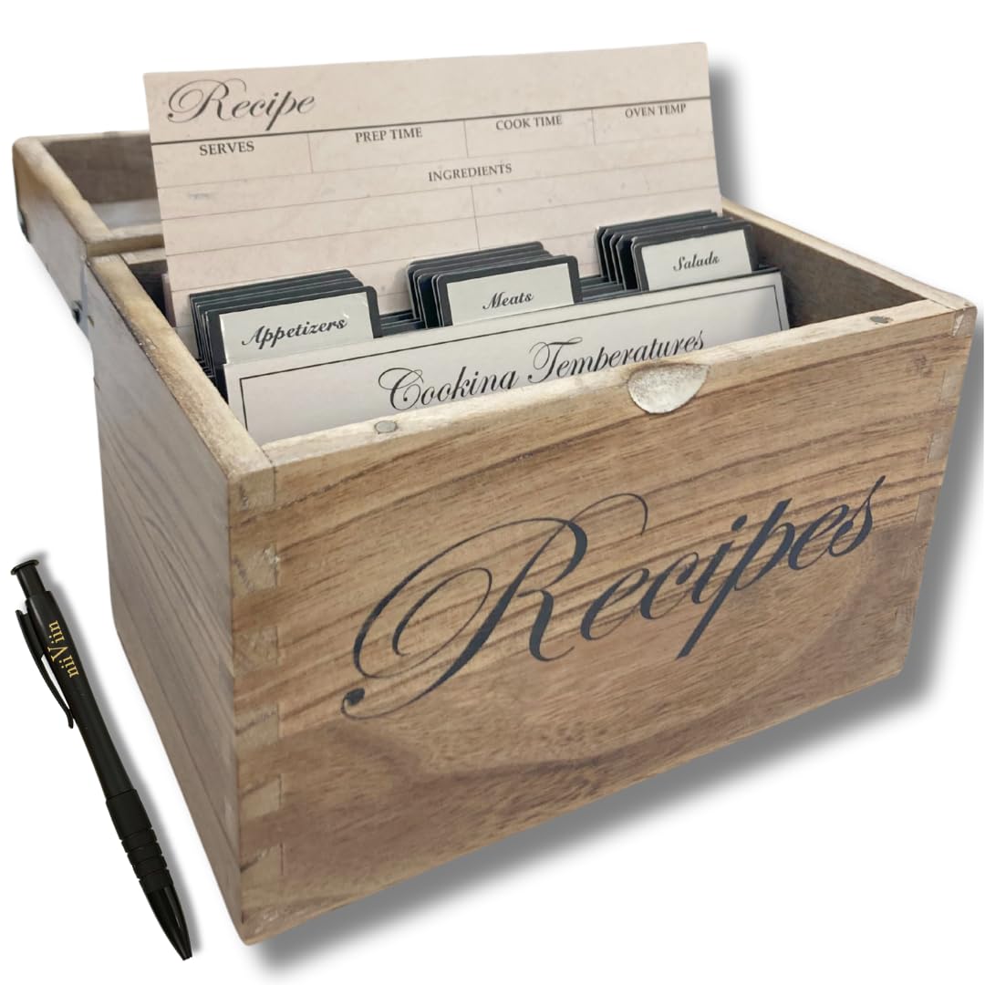 Wooden Recipe Box with Cards and Dividers - Large Rustic 4x6 Recipe Card Box, Wipe Clean Surface, Recipe Card Holder, 100 Double-Sided Cards, 20 Thick Dividers with Stickers, Charts, Complete Gift Set NIIVIIN