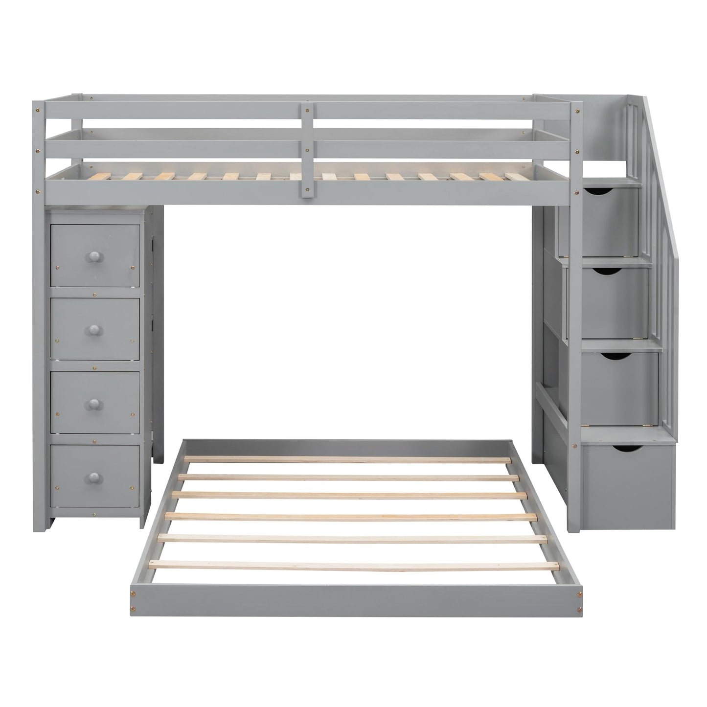 Harper & Bright Designs Grey Twin Over Full Bunk Bed with Storage Stairs and Drawers