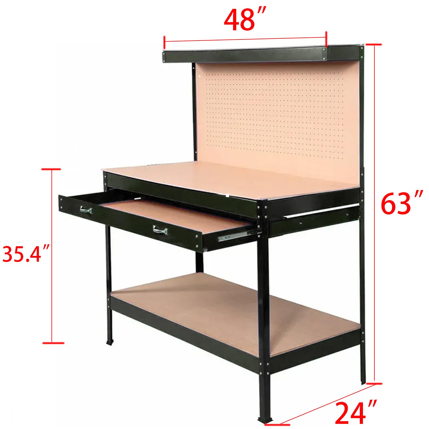 Heavy-Duty Steel Workbench – 63" Multipurpose Workshop Table with Drawer, Pegboard & Shelf, Woodworking & Garage Tool Organizer, 300 lbs Capacity - WoodArtSupply