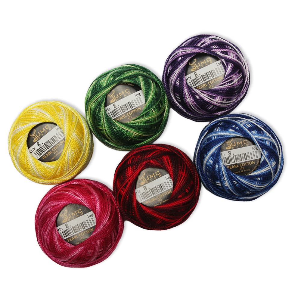 UMC STAG 6 Balls Variegated Colours Premium Pearl Cotton Embroidery Thread Size 8 | 100% Egyptian Cotton Crochet Yarn | Cross Stitch Embroidery Yarn | Oeko TEX Certified | 10g Per Ball (Variegated) UMC STAG
