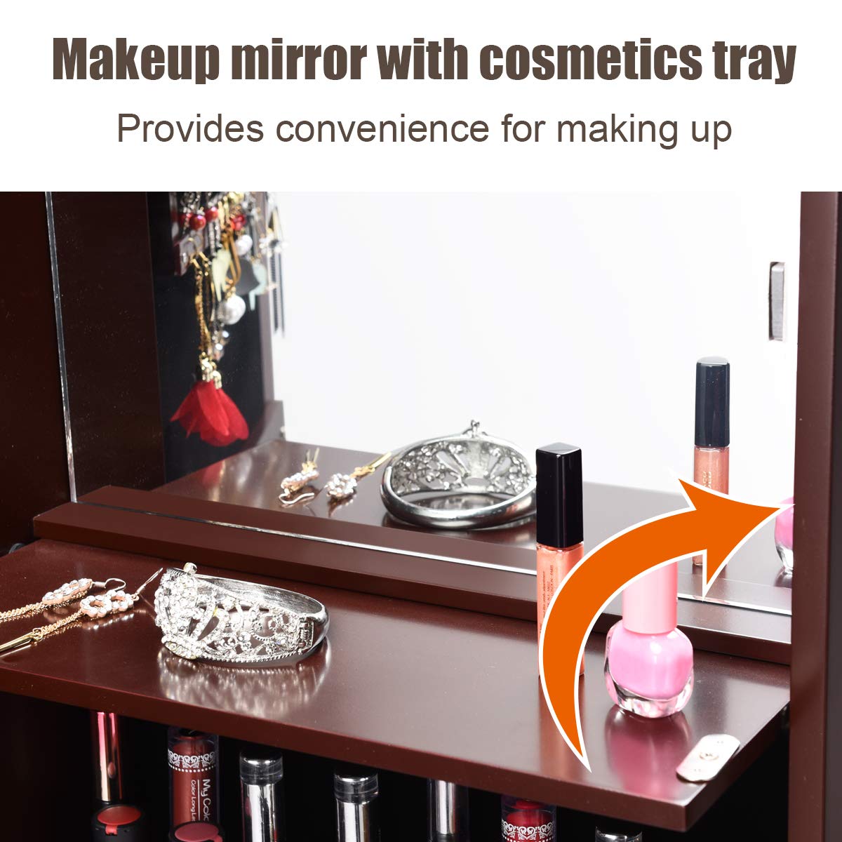 Giantex LED Jewelry Cabinet Wall Mounted Door Hanging, Lockable Jewelry Armoire with 47.2'' Full Length Mirror, Foldable Makeup Tray, Lipstick Brush Holders, Jewelry Storage Organizer (Brown) Giantex