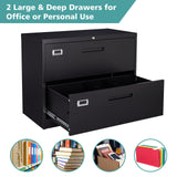 MIIIKO Lateral File Cabinet 2 Drawer, Black Metal File Cabinet with Lock, 35.4" Wide Drawers Storage File Cabinet for Hanging Files Folders Letter/Legal/A4 Size MIIIKO