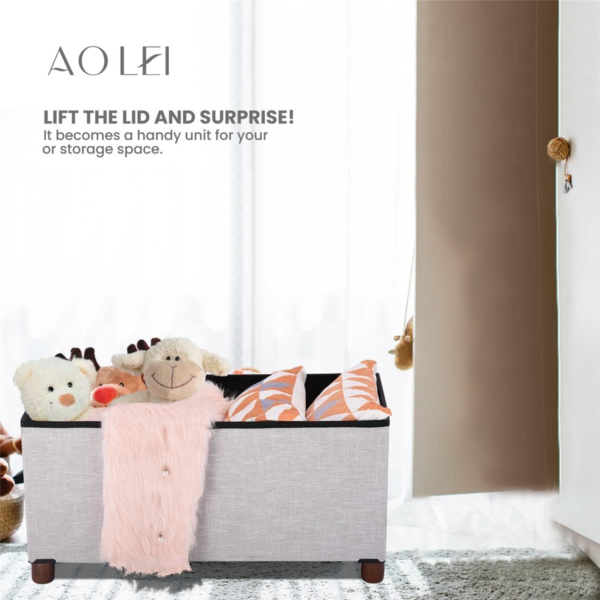 Ao Lei 30 Inches Storage Ottoman Bench with Wooden Legs for Living Room, Folding Foot Rest Removeable Lid for Bedroom End of Bed, Linen Fabric, White Ao Lei