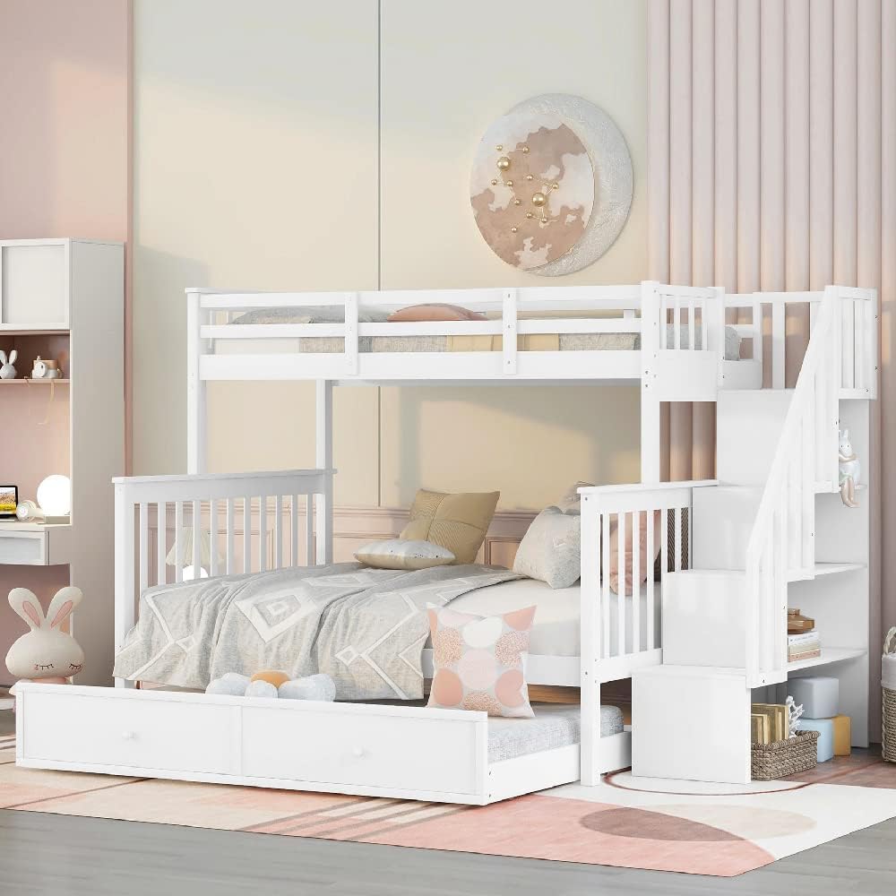 Harper & Bright Designs Twin Over Full Bunk Beds with Twin Size Trundle and Stairs, Wooden Bunk Bed with Storage & Guard Rail for Bedroom, Dorm, for Teens, Adults, White Harper & Bright Designs