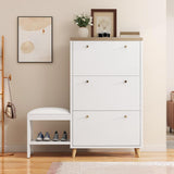 DWVO Shoe Cabinet with Bench for Entryway, Modern Shoe Storage Cabinet Shoe Bench, Narrow Hidden Shoe Organizer with 3 Flip Drawer, for Hallway, Closet, Living Room, White DWVO