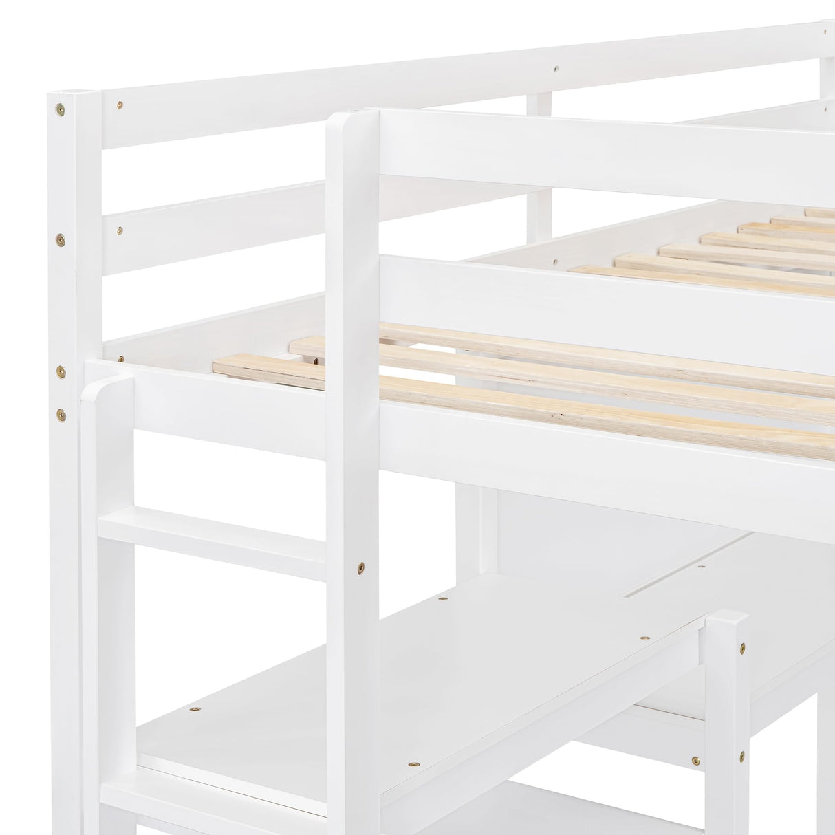 Merax Loft Bed Twin Size with Desk, Twin Loft Bed with Shelves and Writing Board for Kids, Boys or Girls, Wood Slat Support, No Box Spring Needed, White Merax