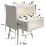 Mid Century Modern Nightstand with Charging Station, Bedside Tables with Glass Drawer, End Table Side Table with 2 Tiers Storage Space, for Bedroom, Living Room, White SOOWERY