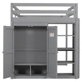 Contemporary Gray Full Size Loft Bed with Integrated Wardrobe and Storage, LED Light & Guardrails Tdewlye