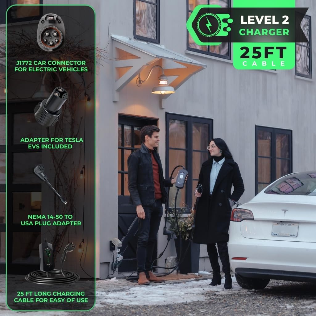 MACH 3 Fast 40 Amp Level 1&2 Portable EV Charger, Electric Vehicle Charging Station, 120-240V NEMA 14-50 w/ 5-15 Adapter. SAE J1772 car Connector & Tesla mobile NACS, Outdoor EVSE, 25ft Cable w/holder ApexCharger