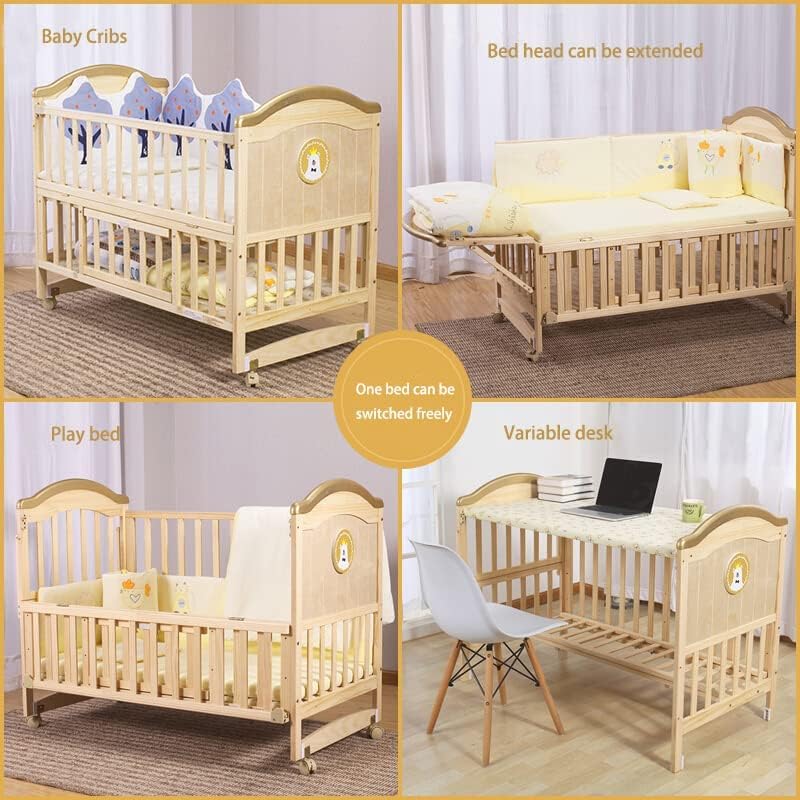 Mini Baby Crib 4 in 1 Convertible with Memory Foam Mattress(38"by 24") Included,cunas para Bebes 2024 Natural Wood Portable Crib with Foldable Storage Baby Playpen, Bassinet Bedside Sleeper,Baby Beds Styhigh