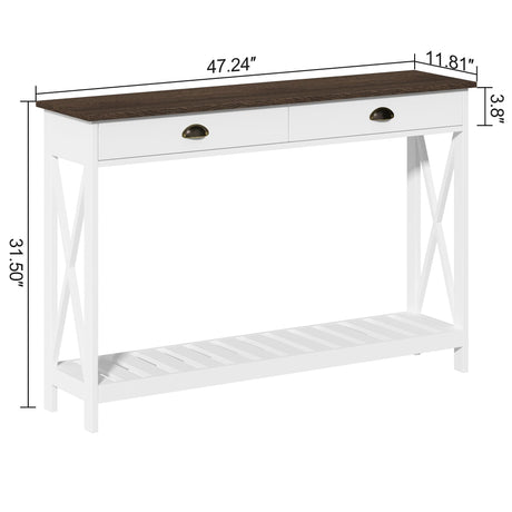 ChooChoo 47" Farmhouse Console Table with Drawer for Entryway, Narrow Long Entry Table with Shelf for Living Room, Rustic Vintage Hallway Sofa Table with Stable X Supports, White ChooChoo