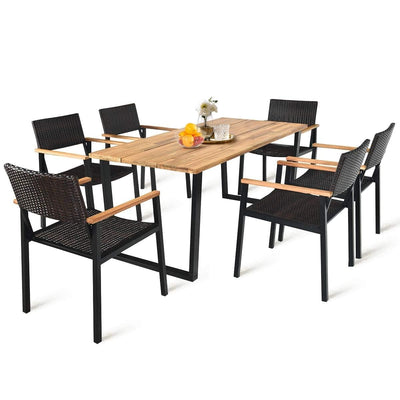 HAPPYGRILL 7 Pieces Wood Rattan Patio Dining Set, Outdoor Dining Furniture Set with Rectangle Table Wicker Chairs, Acacia Wood Tabletop with Umbrella Hole, Dining Set for Garden Backyard