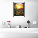 Stained Glass Desert Landscape Cactus Sunset 5D Diamond Art Painting Kits Round Full Drill DIY Paint by Diamond Number Kits for Beginners Crystal Cross Stitch Diamond Art Wall Decor 12x16inch UPABLUNSO