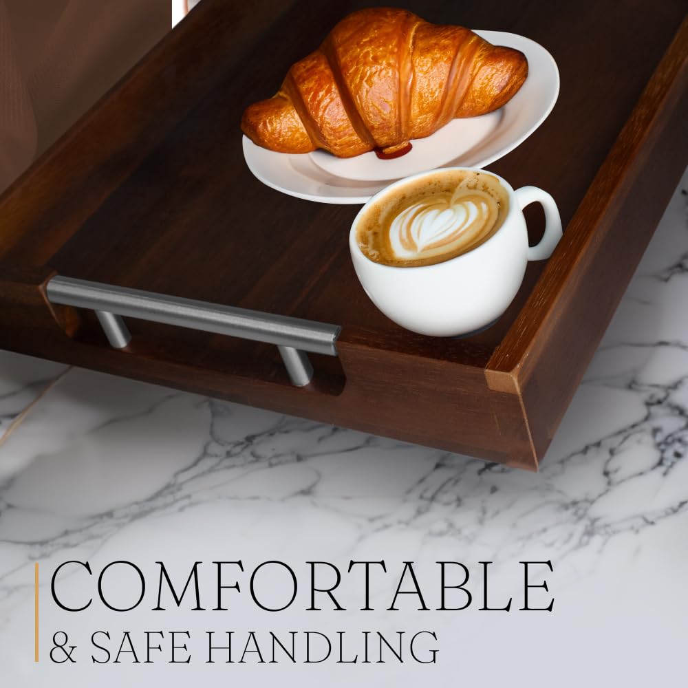 Swyftee Serving Tray with Handles – 17 x 12 x 2 Inch Dark Brown Acacia Wood Ottoman Tray Table Trays Decorative – Coffee Tray Wood Decor for Kitchen – Breakfast in Bed Tray with Silver Metal Handles Swyftee