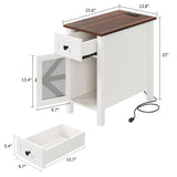 HAIOOU Farmhouse End Table with Charging Station, Narrow White Side Tables with Storage Cabinet and Drawer, Wood Nightstand with Power Outlets & USB Ports for Bedroom, Living Room HAIOOU