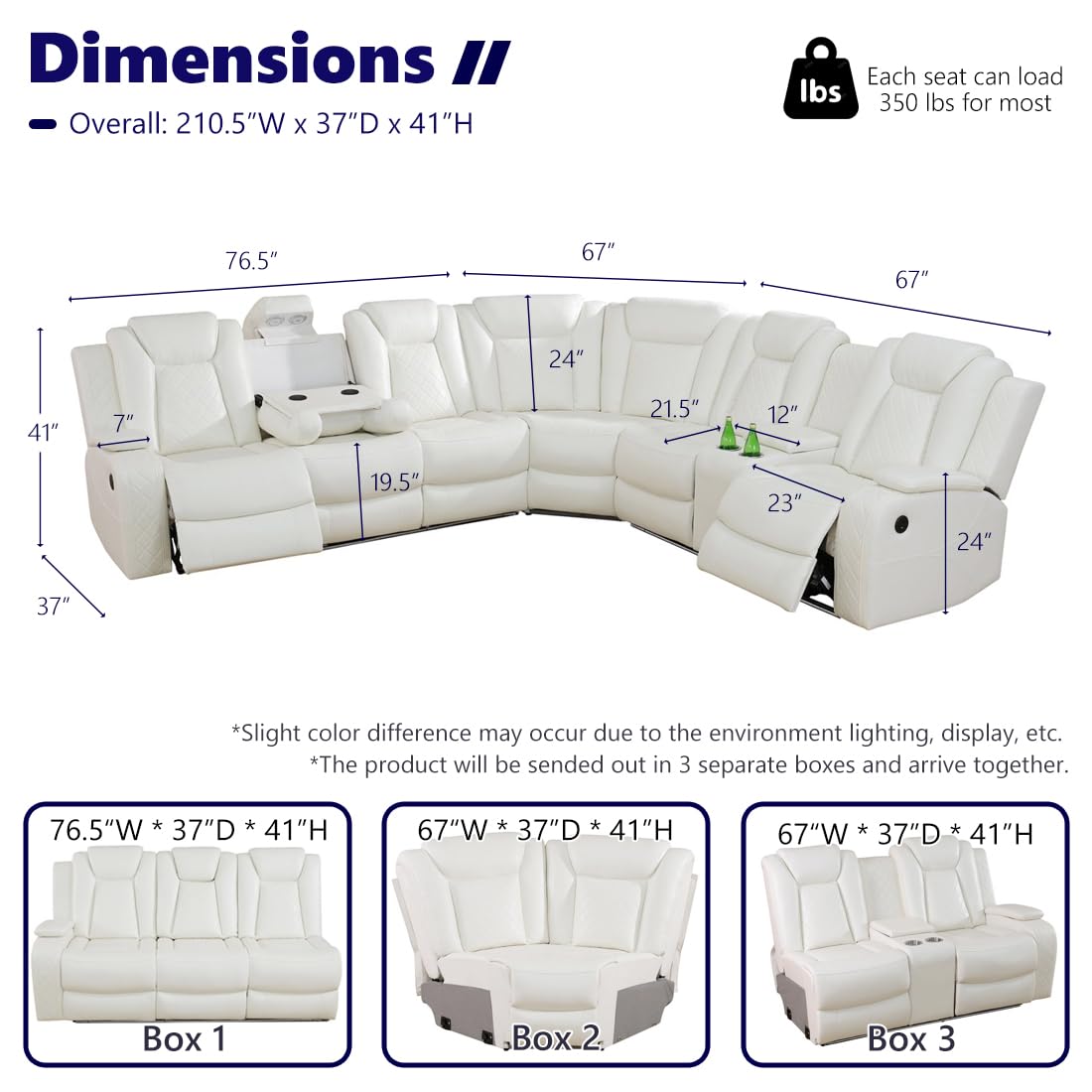 Anthato Power Recliner Sectional Sofa Set with LED, Modern L-Shaped Reclining Sofa, Leather Reclining Corner Couch with Cup Holders/Storage/USB Charging Ports for Living Room/Home Theater, Cream White Anthato