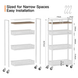 DGSNADGO Slim Rolling Storage Cart, 4-Tier Kitchen Cart on Wheels, Narrow Utility Cart with Handle and Wooden Tabletop for Small Space in Kitchen, Living Room, Bathroom, Laundry Room, Beige and White DGSANDGO