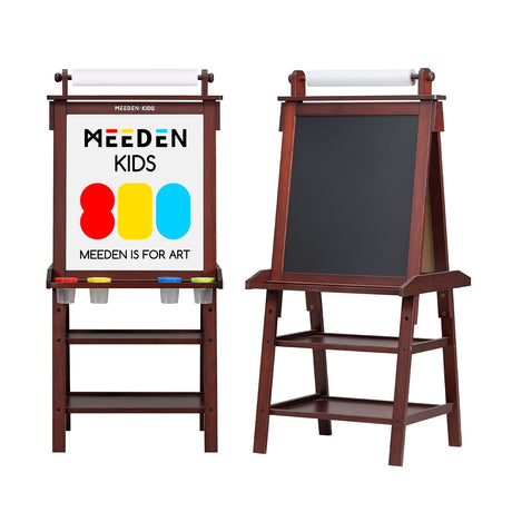 MEEDEN Easel for Kids - Kids Easel with Paper Roll - Double Sided Solid Pine Wood Art Easel - Kids Art Easel with Chalkboard & Magnetic Whiteboard - Walnut MEEDEN