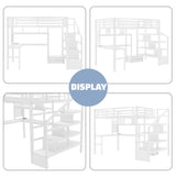 MoproBeti Full Size Loft Bed with Desk and Stairs,Metal Gaming Loft Bed with LED,Charging Station, High Loft Bed Full with Storage Shelves,Wardrobe and Drawers for Kids Teens, Adults, White MoproBeti