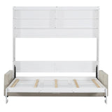 Merax Queen Size Murphy Bed, Wooden Queen Murphy Bed with Sofa and Cushion, Wall Bed with Shelves, White Merax