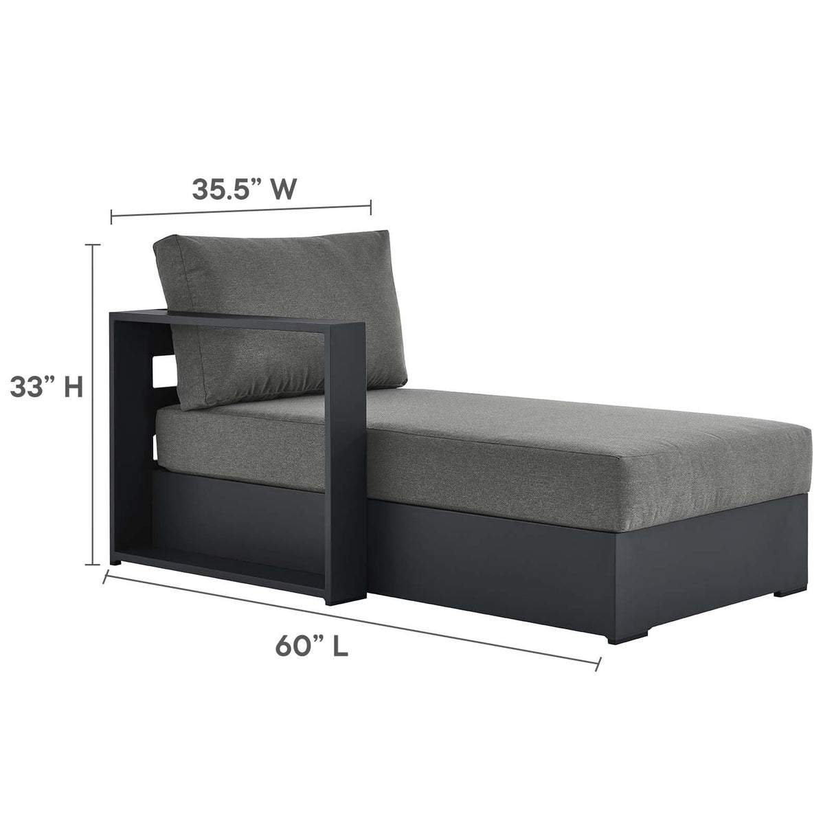 Modway Tahoe Aluminum Outdoor Chaise Lounge in Gray Charcoal with Weather-Resistant Cushions, Modular Left-Facing Patio Lounger for Pool Furniture or Sectional Sofa Set Modway