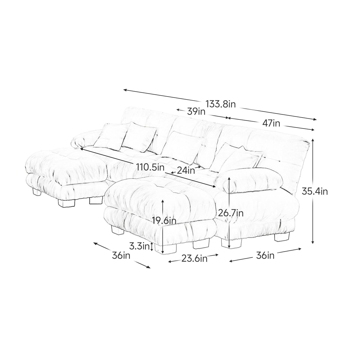 KEIKI 133" Sectional Sofa with Removable Ottomans, Gray 5 Seat U Shaped Sleeper Cloud Couch Set, Comfy Chenille Upholstered Modular SofaBed for Apartment Living Room, Throw Pillows, Dark Grey KEIKI