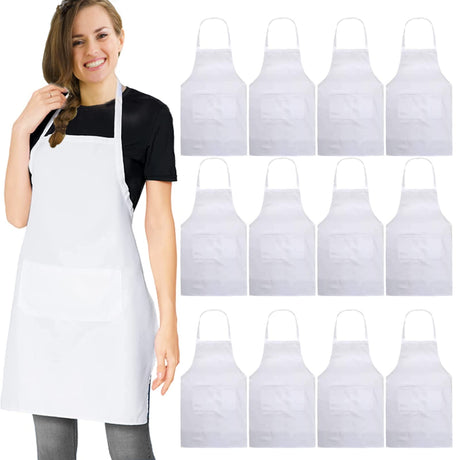 multifuns 12 pcs White Aprons Bulk Waterdrop Resistant for Women Men Kitchen Cooking Grilling Aprons with 2 Pockets (24x28 inch, White multifuns