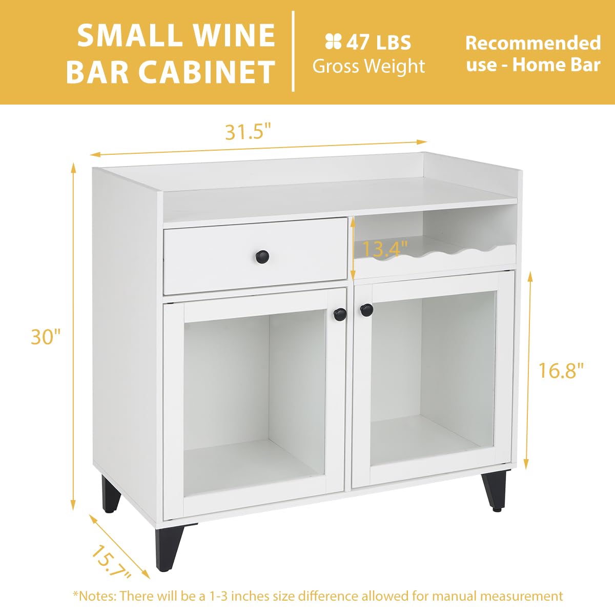 COCO DESIGN Small Wine Liquor Cabinet with Led Light, Modern Coffee Bar Cabinet with Storage for Home, Buffet Sideboard with Glass Door & Wavy Wine Rack for Kitchen, Farmhouse, White - WoodArtSupply