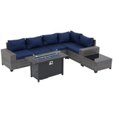 JOIVI 7 Pieces Outdoor Patio Furniture Set with 45” 50000BTU Fire Pit Table, Rattan Patio Conversation Set with Coffee Table, L-Shaped Sectional Sofa and Propane Fire Pit Set, Navy Blue JOIVI