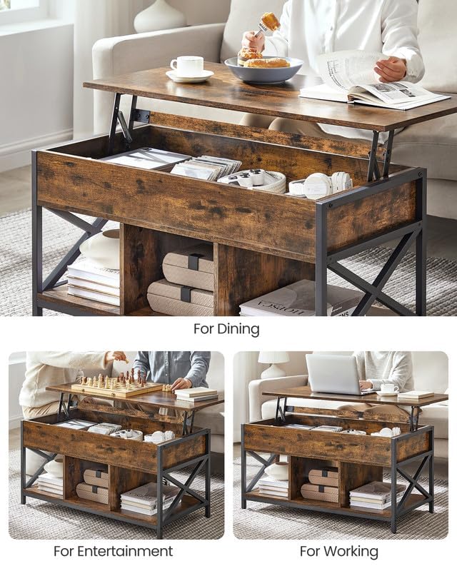 VASAGLE Lift Top Coffee Table with Storage Shelf and Hidden Compartments, 19.7 x 39.4 x (19.3-24.4) Inches, Rustic Brown and Black VASAGLE