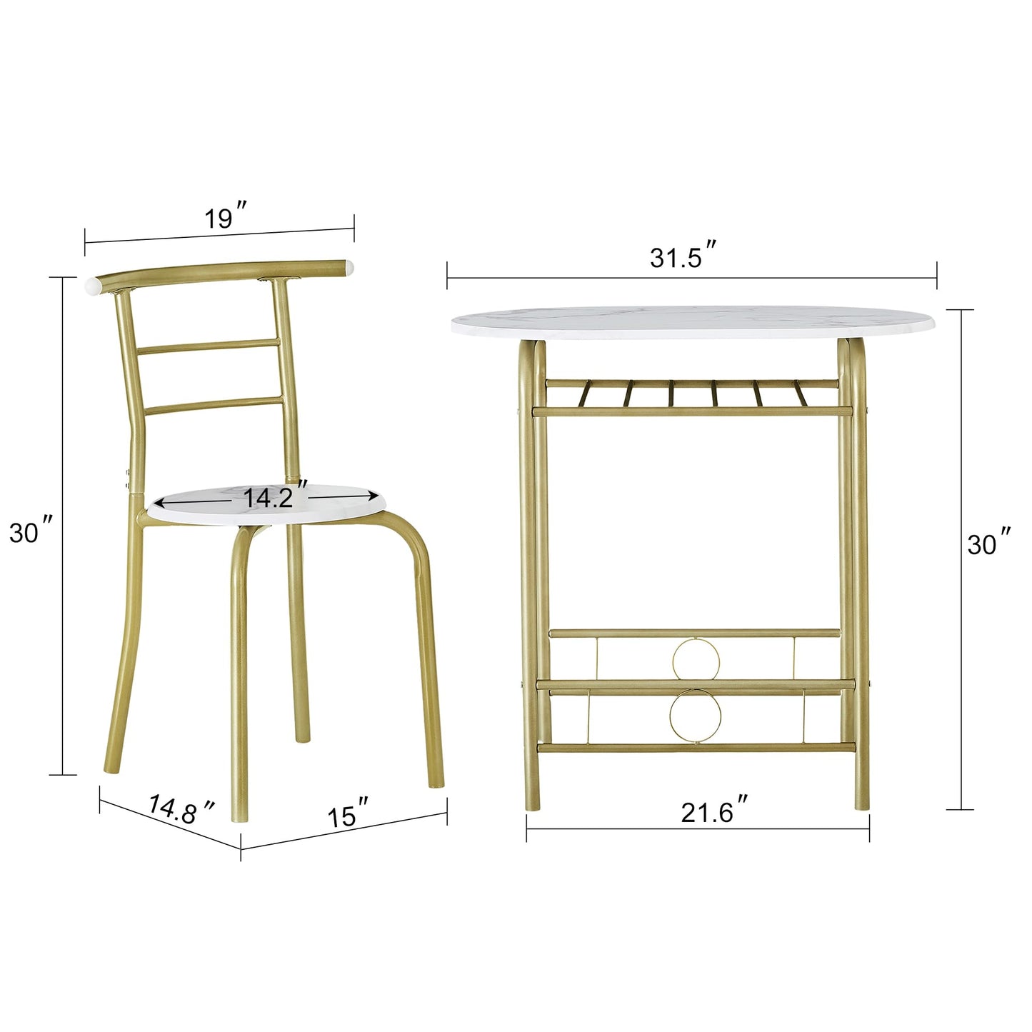 VECELO White & Gold 3-Piece Dining Table Set with Wine Rack for Small Spaces