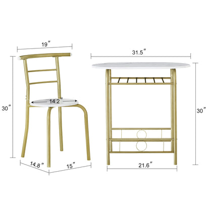 VECELO White & Gold 3-Piece Dining Table Set with Wine Rack for Small Spaces