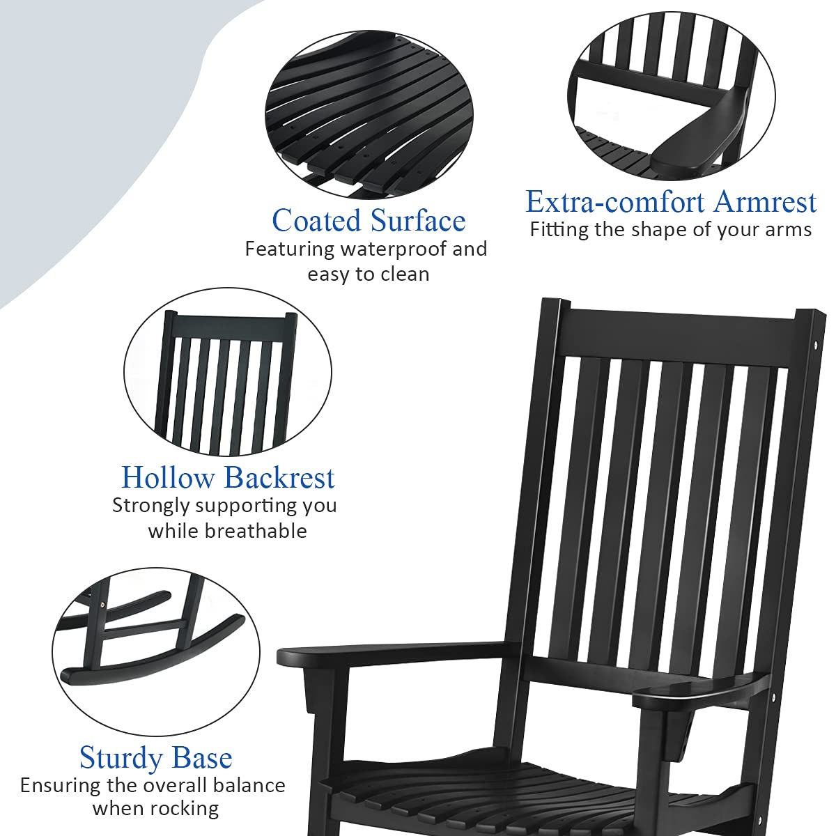 Tangkula Acacia Wood Porch Rocking Chair Set, Wooden Rocking Chair Rocker with High Back & Armrest for Indoor Outdoor Use, Patio Rocker for Garden Lawn Balcony Backyard Poolside (2, Black) Tangkula