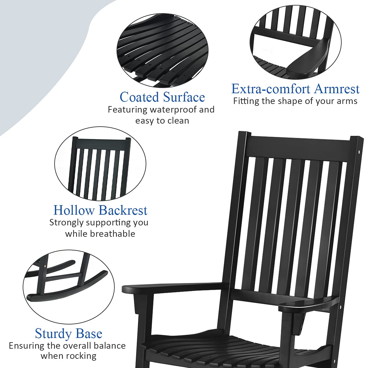 Tangkula Acacia Wood Porch Rocking Chair Set, Wooden Rocking Chair Rocker with High Back & Armrest for Indoor Outdoor Use, Patio Rocker for Garden Lawn Balcony Backyard Poolside (2, Black) - WoodArtSupply