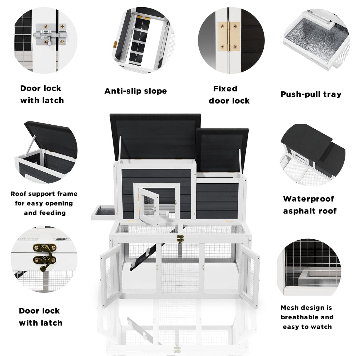 XiliqingEco Outdoor Chicken coops for 2-4 Chickens Wooden with Waterproof Asphalt Roof, Ramp, and Multiple Doors Openable Top Pull-Out Tray Suitable for Outdoor Backyard (Black and White) XiliqingEco