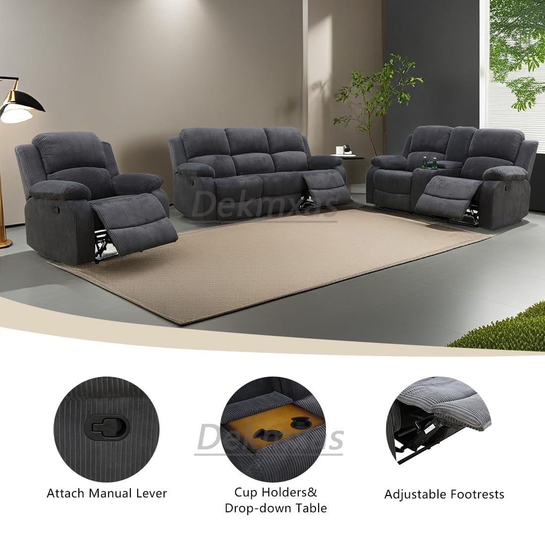 Dekmxas Fabric Recliner Sofa Set Grey Loveseat Couch Chair Set Living Room Furniture Sets 3PCS Manual Reclining Sofa Set with Cup Holders and Storage Console for Living Room/Office (Grey, 3 PCS Set) Dekmxas