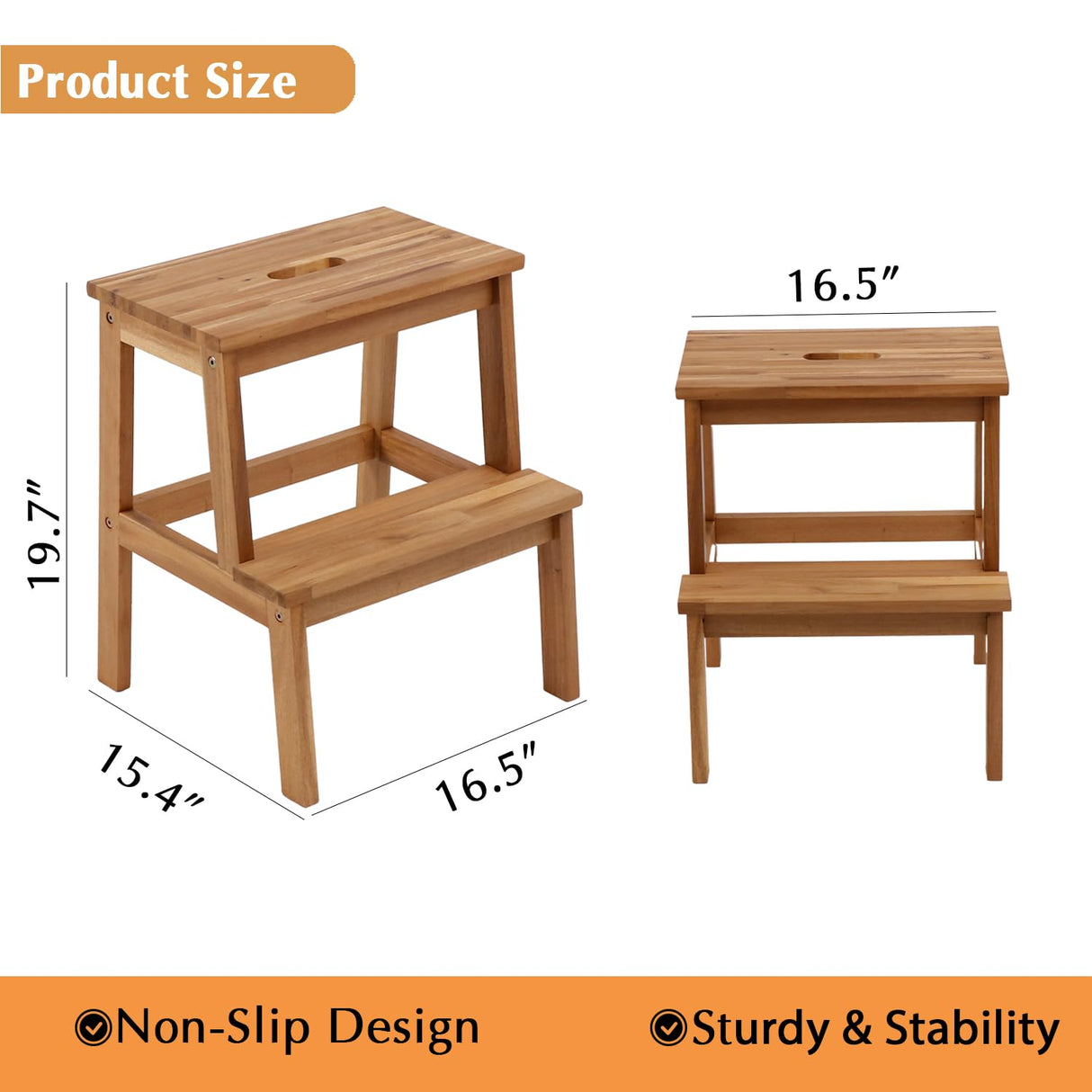 VICTORY RELAX Acaia Wood 2 Step Stool, Waterproof Wooden Step Stool for Adults, 20 Inch Tall Wood Short Footstool Suitable for Bathroom, Kitchen, Bathroom, Bedroom VICTORY RELAX