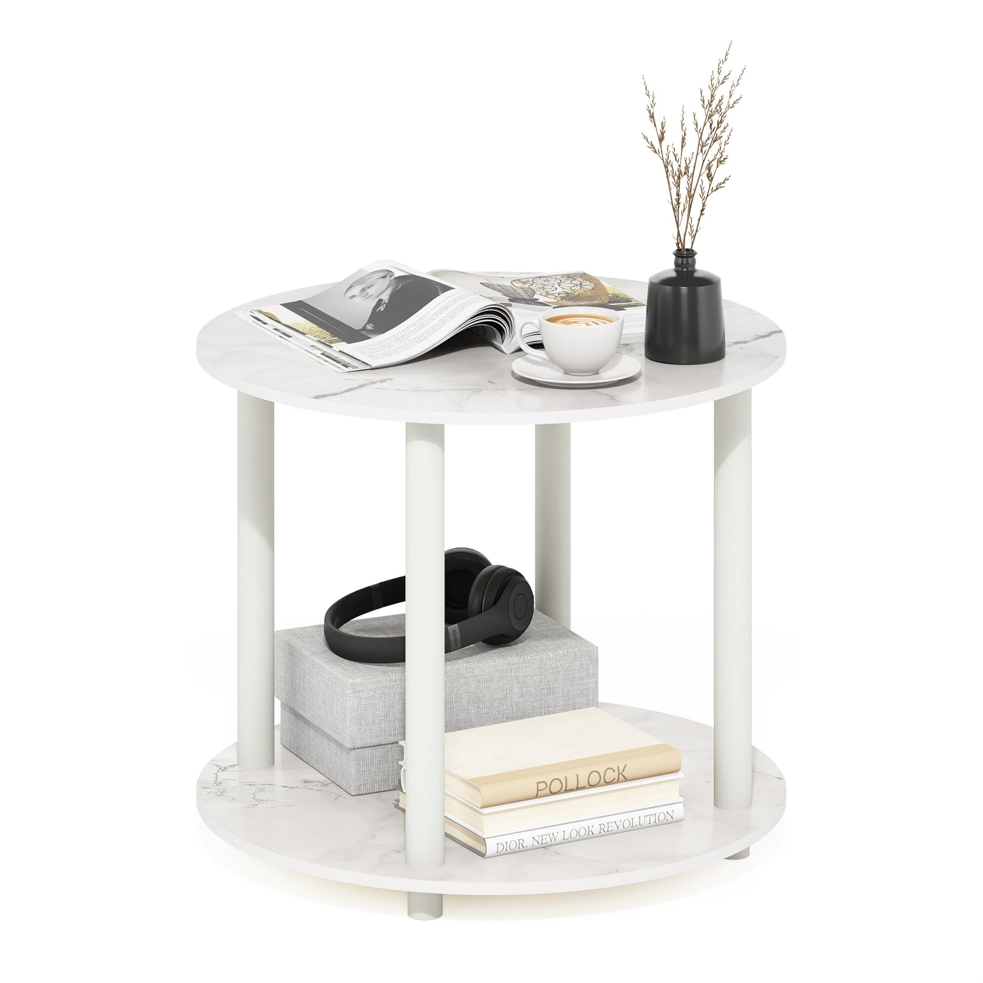 Furinno Turn-N-Tube Simple Design 2-Tier Round Wooden Small Coffee Table, Marble White - WoodArtSupply