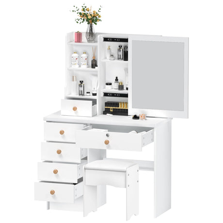 Vanity Desk with Lights,Makeup Vanity with Mirror,Dressing Table Set with 6 Large Drawers,Storage Stool,for Bedroom,Vanity Desk with LED Lighted Mirror, Vanity Mirror 3 Lighting Color Adjustable White leasote