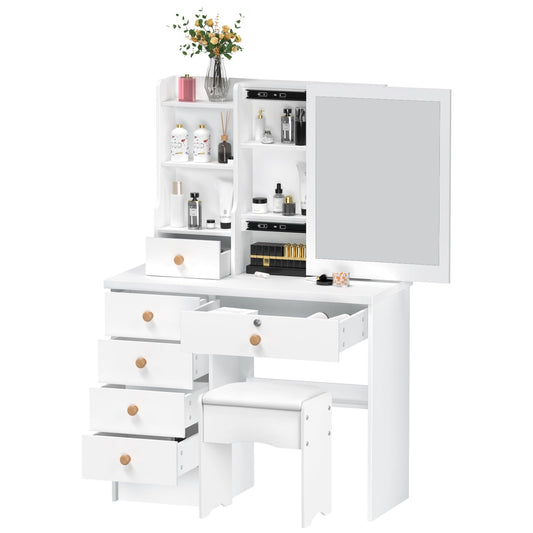 Vanity Desk with Lights,Makeup Vanity with Mirror,Dressing Table Set with 6 Large Drawers,Storage Stool,for Bedroom,Vanity Desk with LED Lighted Mirror, Vanity Mirror 3 Lighting Color Adjusta - WoodArtSupply