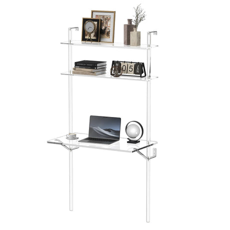 HMYHUM Acrylic Wall Mount Desk, Clear Ladder Desk with Open Shelves, Floating Desk for Laptop, Computer, Study, Writing, Vanity Table, Modern, 36" L x 19.7" W x 69.99" H HMYHUM