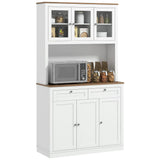HOMCOM 71" Kitchen Pantry Cabinet, Freestanding Kitchen Hutch with Microwave Stand, 2 Drawers and Adjustable Shelves, Bar Cabinet with Glass and Recessed Doors for Dining Room, White HOMCOM