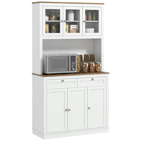 HOMCOM 71" Kitchen Pantry Cabinet, Freestanding Kitchen Hutch with Microwave Stand, 2 Drawers and Adjustable Shelves, Bar Cabinet with Glass and Recessed Doors for Dining Room, White HOMCOM