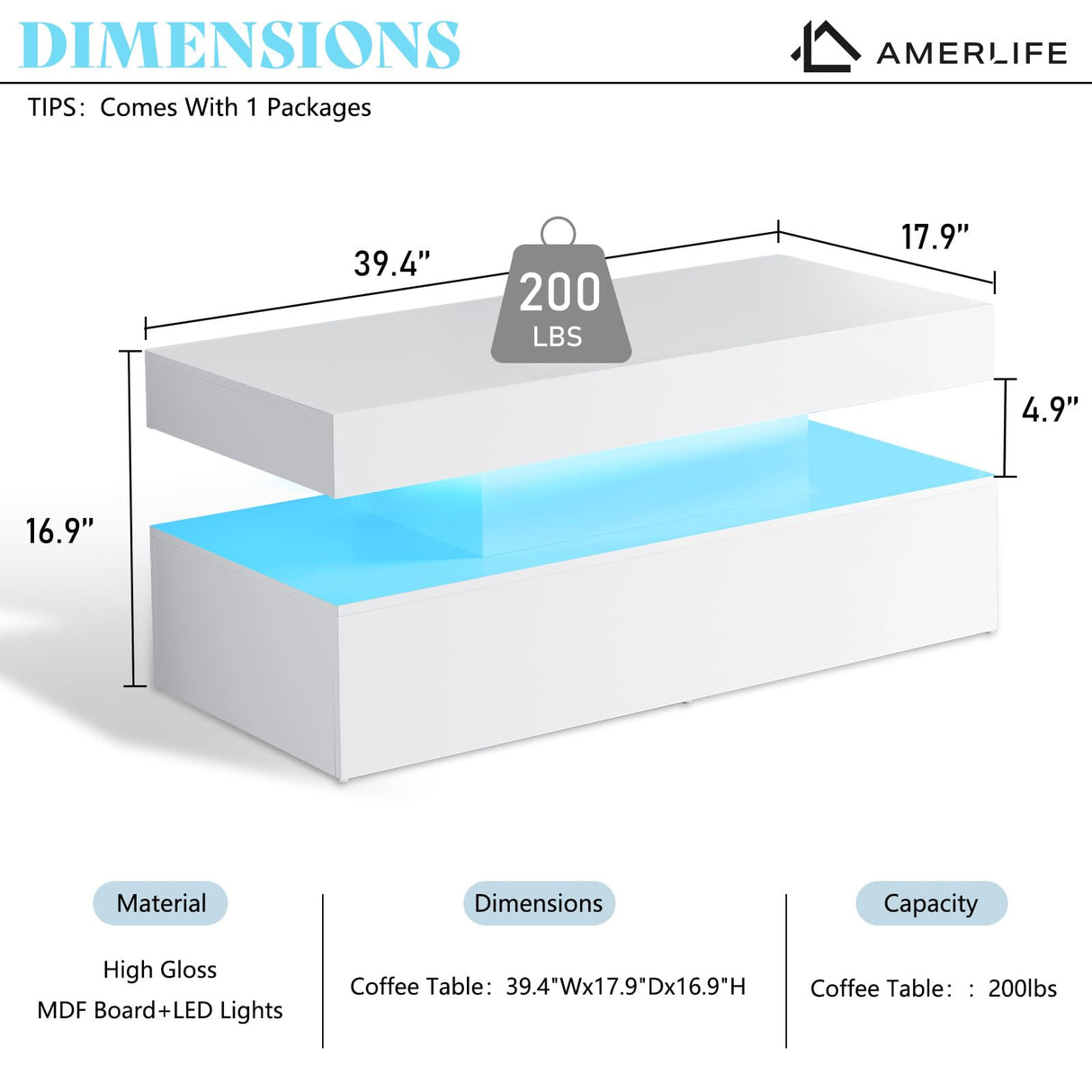 AMERLIFE High Gloss LED Coffee Table, Modern 2-Tier Center Table with LED Lights, Open Storage Space, 40in Simple Rectangular Sofa Side Table for Living Room, White AMERLIFE