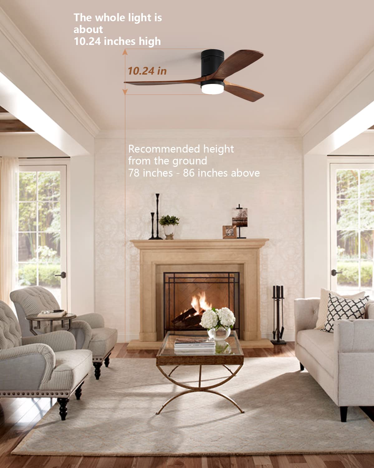 Sofucor 52 Inch Low Profile Ceiling Fan with Lights Flush Mount Ceiling Fan with Remote Control Dimmable LED Light 3 Reversible Walnut Wood Blades Noiseless DC Motor 6 Speed with Timer Sofucor